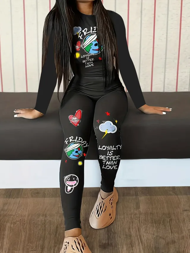 Graffiti Printing Casual Two piece Suit Round Neck Long Sleeve Top Black - Shop at LoveMi