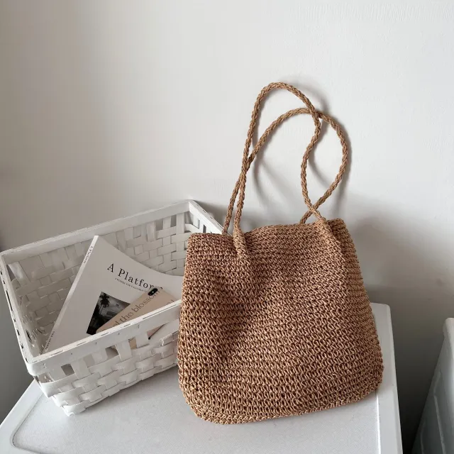 One shoulder Large Capacity Straw Portable Simplicity Leisure Woven Bag Coffee - Shop at LoveMi