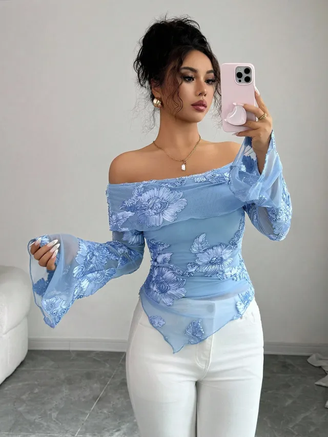 New One shoulder Trumpet Sleeve Asymmetric Hem Embroidery Versatile Stylish Top Sky Blue - Shop at LoveMi