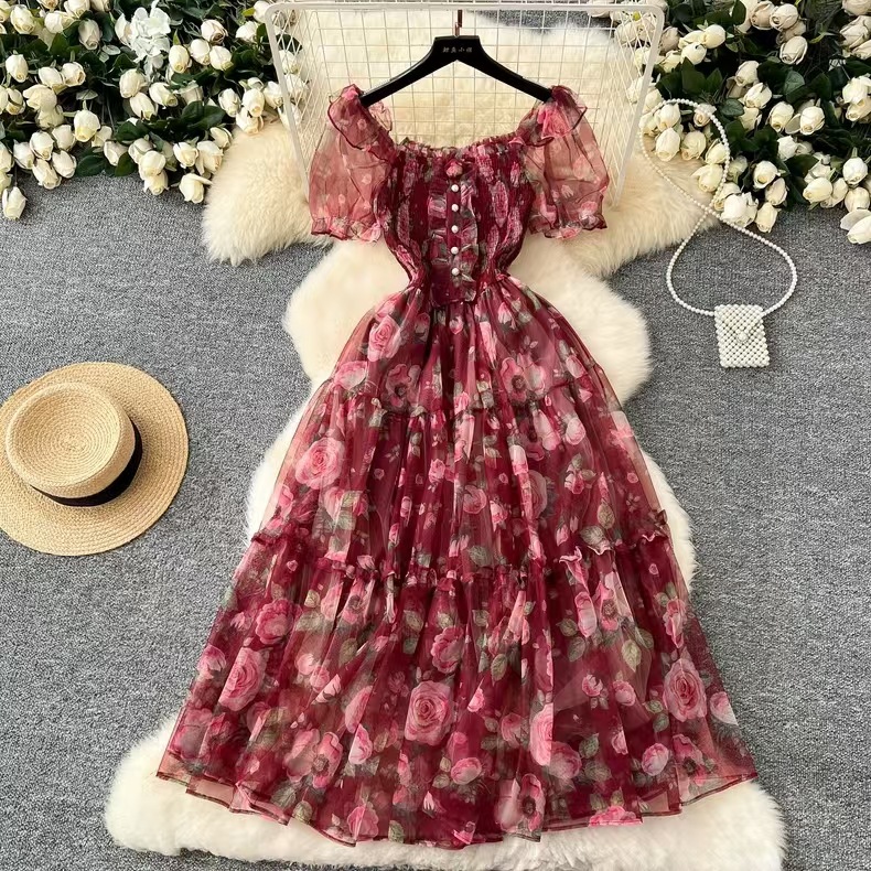 French Style Gentle Floral Vintage Tea Break Chiffon Dress
