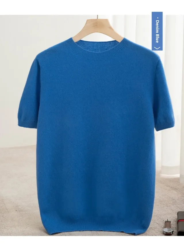 Knitted Short Sleeve Pure Wool Sweater Men's Round Neck Denim Blue - Shop at LoveMi