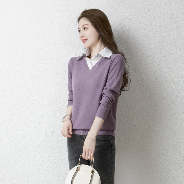 Women's Fashion Casual Loose False Two Pieces Sweater Purple - Shop at LoveMi