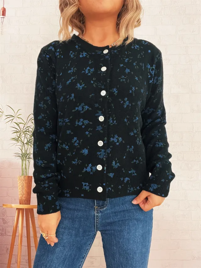 Simple Flower Print Cardigan Commuter Round Neck Knitted Sweater Black - Shop at LoveMi