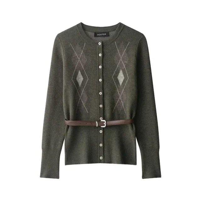 With Belt Diamond Pattern Knitted Coat Midi Skirt Suit Top L - Shop at LoveMi