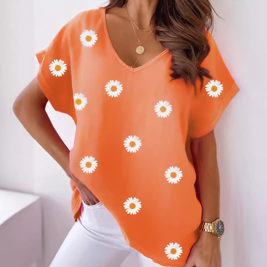 V-neck Short Sleeve Fashion Flower Print T-shirt