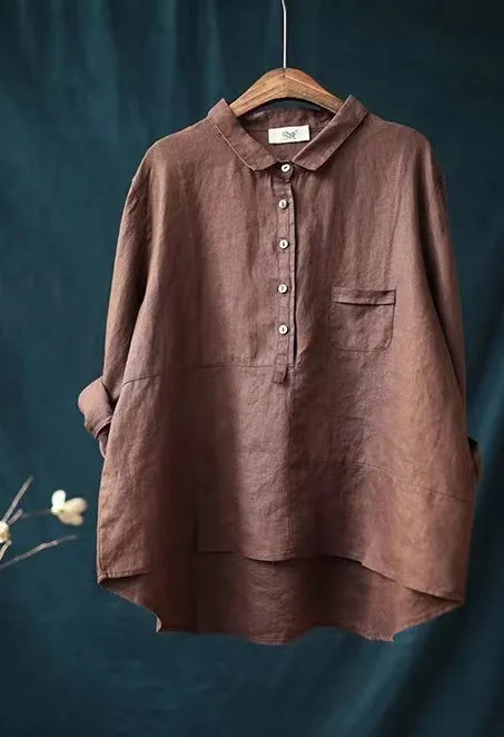 Casual Loose Solid Color Linen Shirt For Women Coffee - Shop at LoveMi