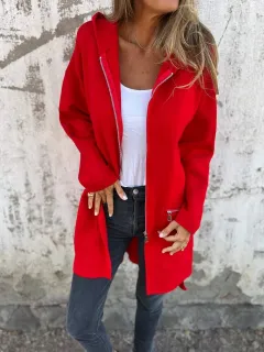 Autumn And Winter Solid Colour Casual Zipper Hooded Jacket Coat - Red - View 1