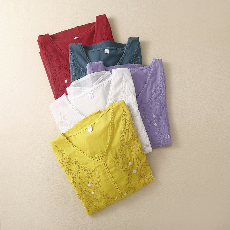 Cotton And Linen Thin Embroidery Loose Shirt Women