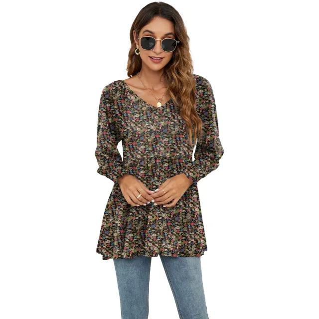 Women's Fashion Casual Printing Bubble Long Sleeve Waist Top No 1 Flower - Shop at LoveMi