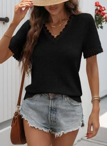 Womens V neck Casual Waffle knit Lace panel Short sleeve Top Black - Shop at LoveMi