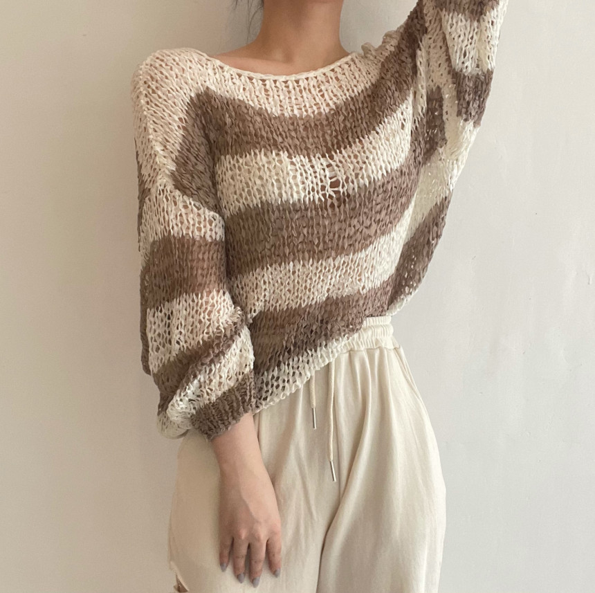 Off-shoulder Drop-shoulder Sleeve Mixed Color Stripe Hollow Sun Protection Thin Sweater