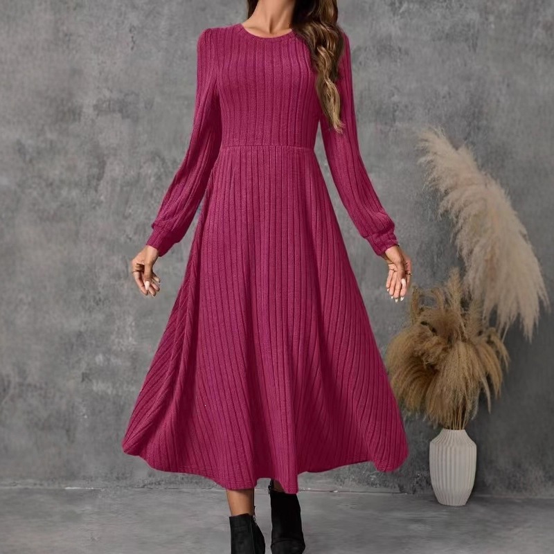 Womens Round-neck Solid-color Knitted Long-sleeve Dress