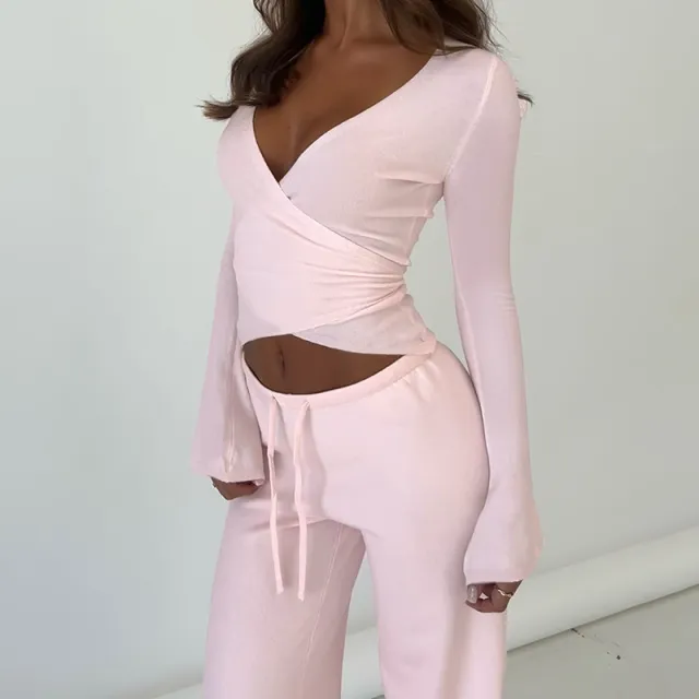 Casual Lace Up Bell Sleeve Top Velvet Padded Loose Trousers Pajamas Two piece Set Pink Top - Shop at LoveMi