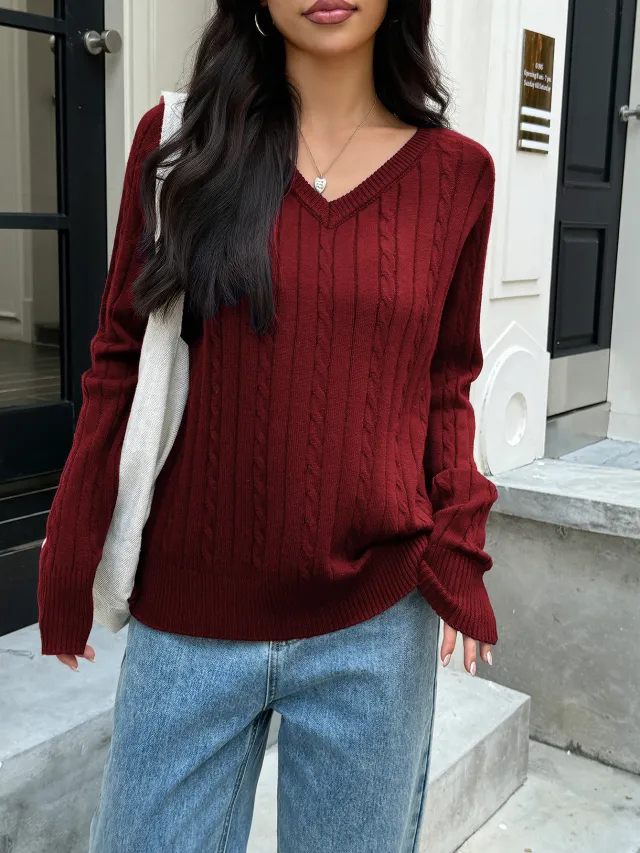 Women's V neck Woolen Long sleeved Sweater Wine Red - Shop at LoveMi