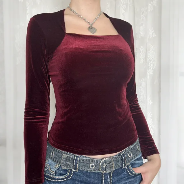 Casual Minimalist Long Sleeve Bottoming T shirt Wine Red - Shop at LoveMi