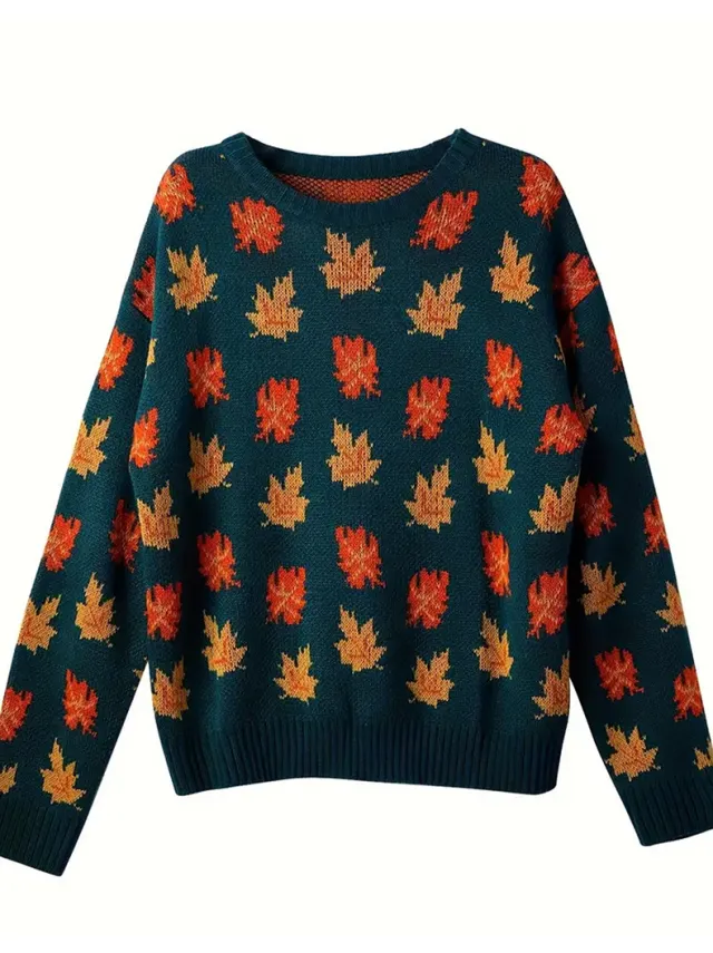 Maple Leaf Jacquard Long Sleeve Plus Size Loose Fashion Casual Sweater Dark Green - Shop at LoveMi