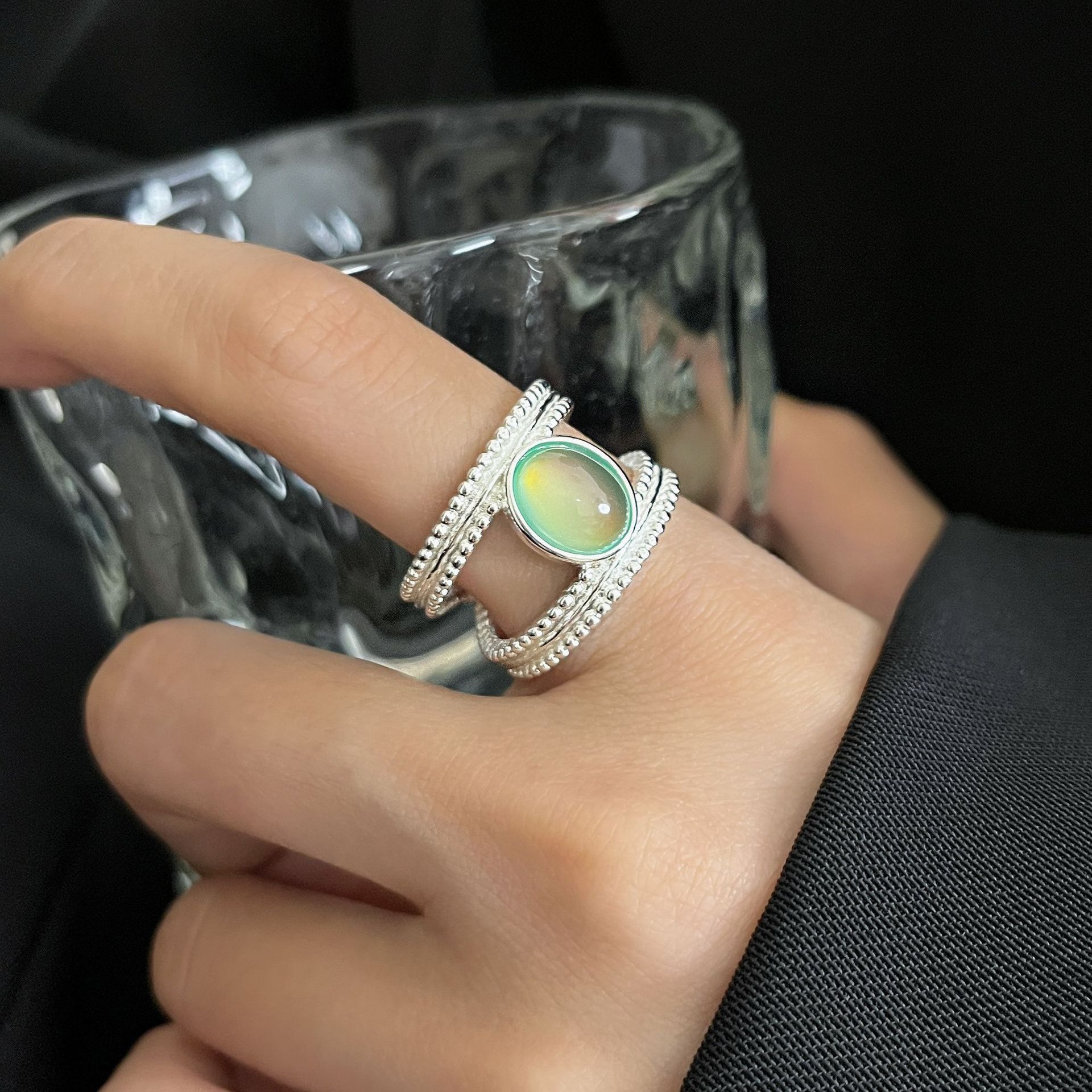 S925 Sterling Silver Retro Green Double-Strand Ring For Women Open-End Adjustable