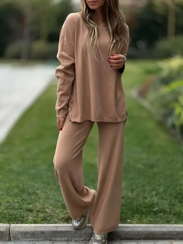 Solid Color Split Casual Wide leg Pants Round Neck Long Sleeve Camel - Shop at LoveMi