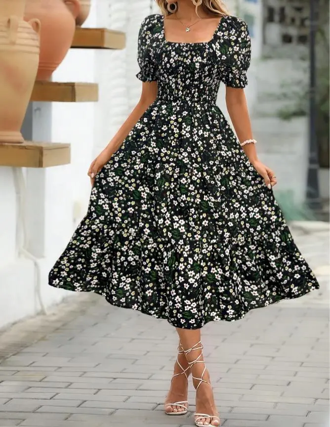 Printed Square Collar Waist-tight Puff Sleeve Layered Dress - Black Flower