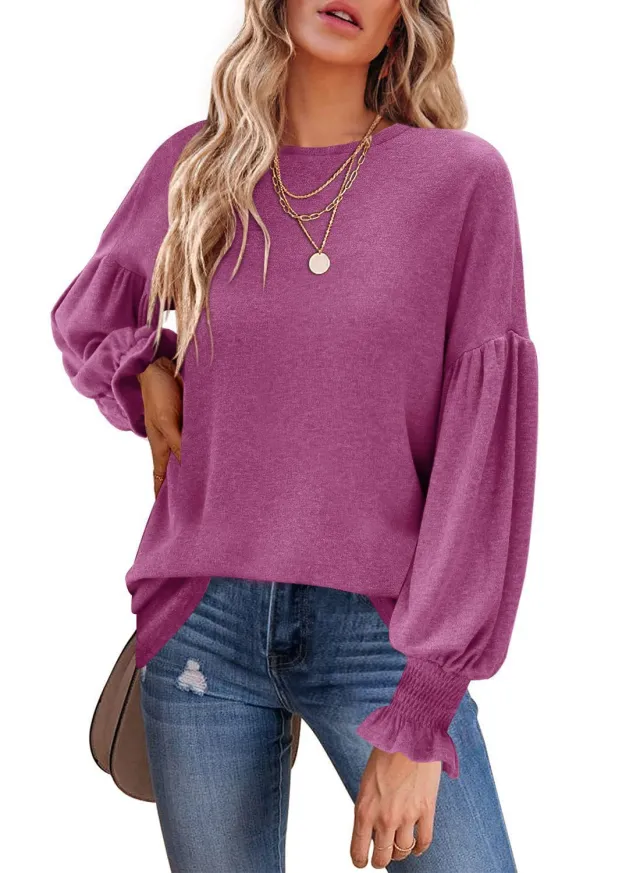 Autumn And Winter New Round Neck Pleated Lantern Sleeve Women's Long European And American T shirt Purplish Red - Shop at LoveMi