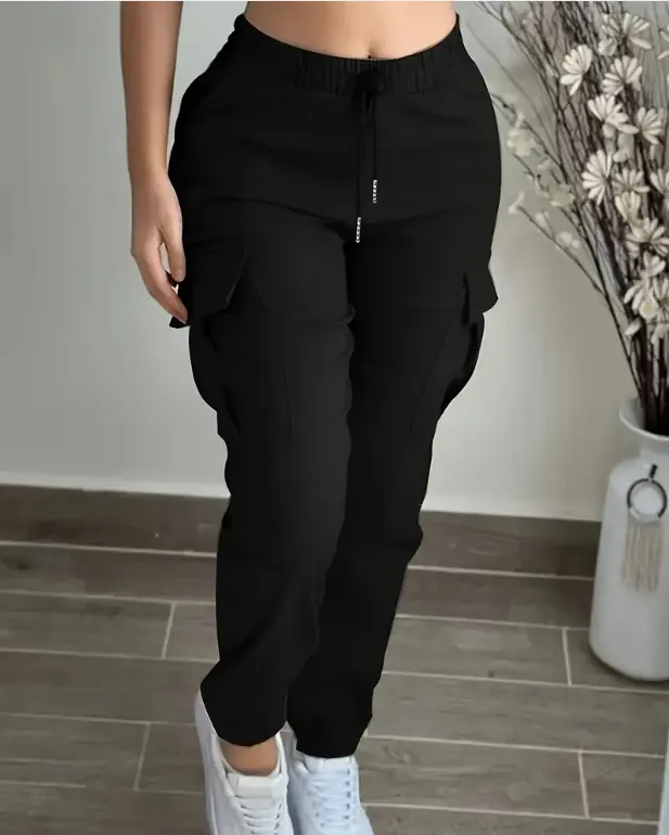 Mountaineering Fashion Drawstring Women's Leisure Cargo Trousers Black - Shop at LoveMi