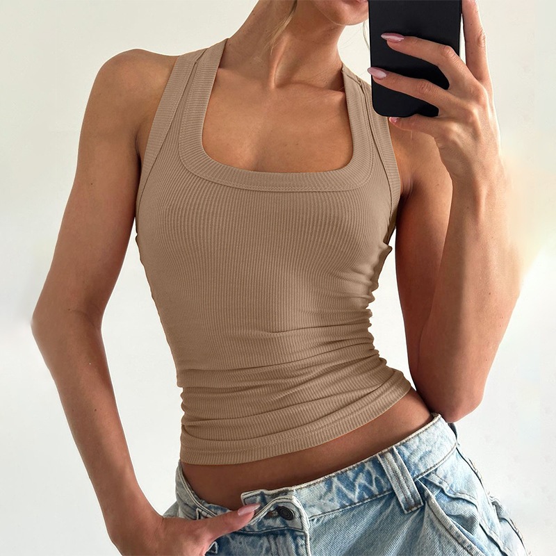 U-neck Solid-color Slim-fit Racerback Cropped Tank Top