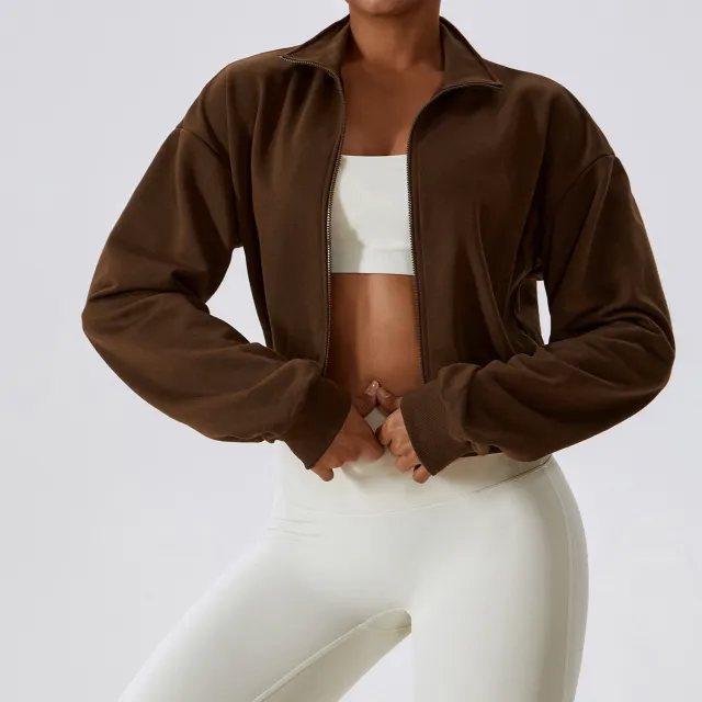 Loose Zip Long Sleeve Sports All match Casual Sweatshirt Jiao Tea Coffee Color - Shop at LoveMi