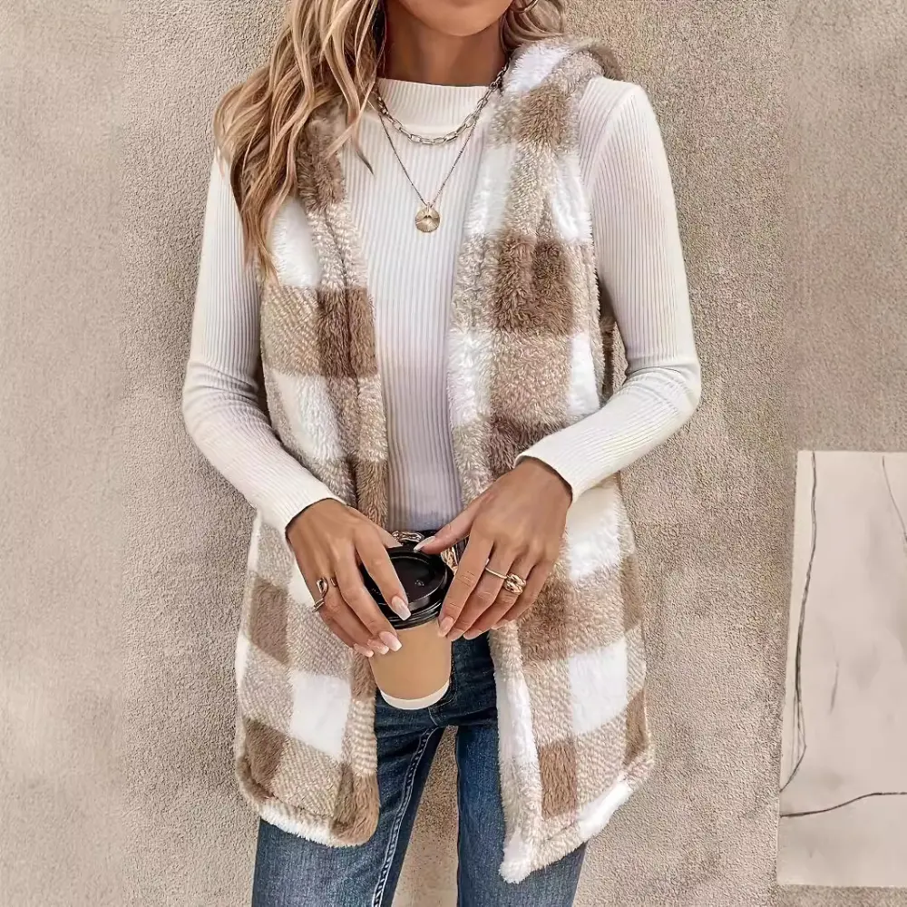 Fashion Elegant Cardigan Two-tone Plaid Hooded Women's Plush Vest