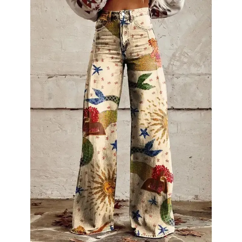 Fashion Women's Printed High Waist Loose Thin Imitation Denim Wide Leg Pants - Style5-4Xl