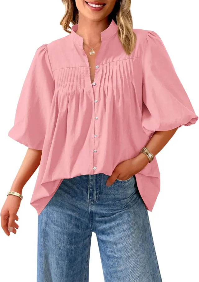 Loose Style Button Shirt Casual Pleated V neck Shirt Pink - Shop at LoveMi