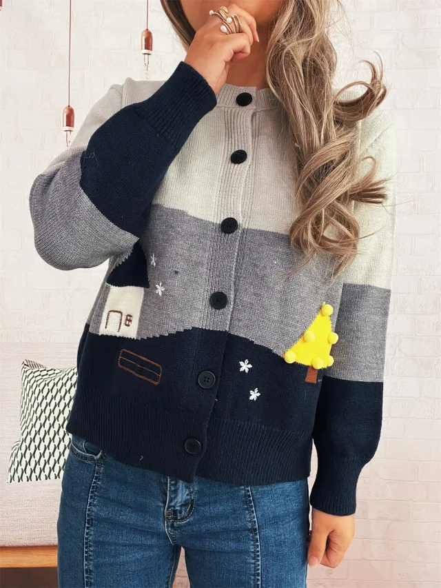 Casual Cute Knitted Village Cottage Jacquard Round Neck Contrast Color Sweater Gray - Shop at LoveMi