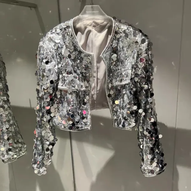 Sequined Coat Autumn Cool Wind Top For Women Silver - Shop at LoveMi