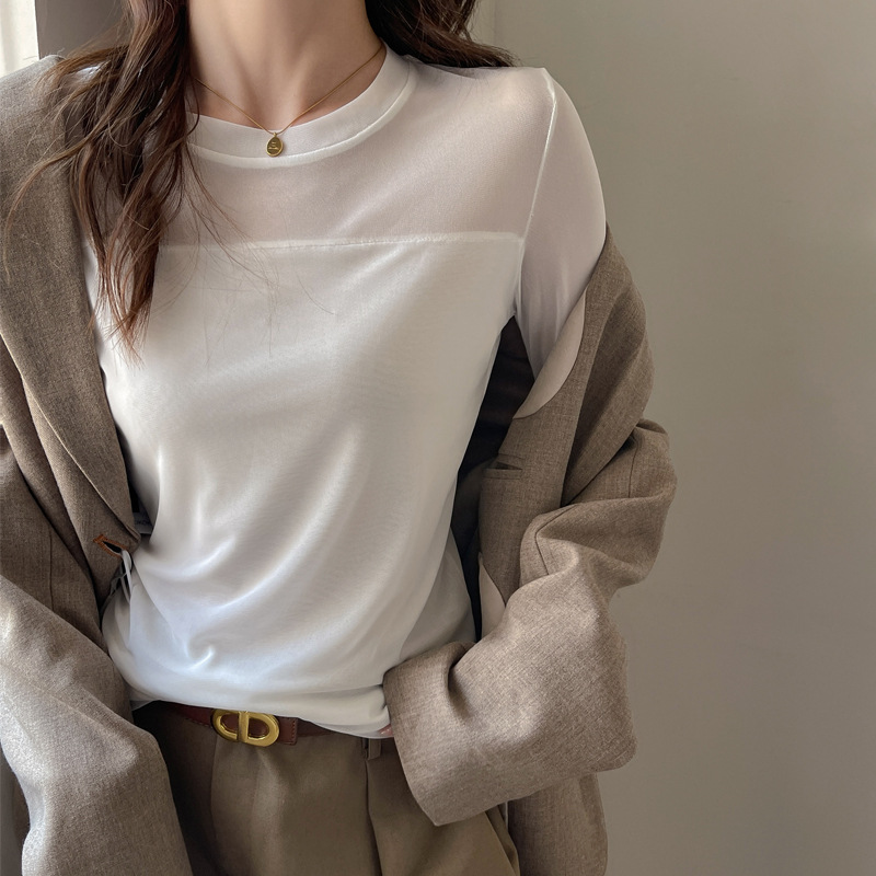 Womens Mesh-spliced Crewneck Long-sleeve T-shirt For Layering