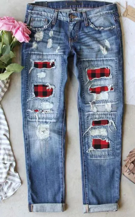 Women's Jeans Ripped Print Patch - Plaid Patch 521238