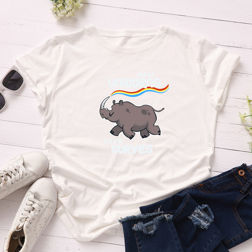 Women's Short-sleeved T-shirt Rainbow Rhino Printed Round Neck