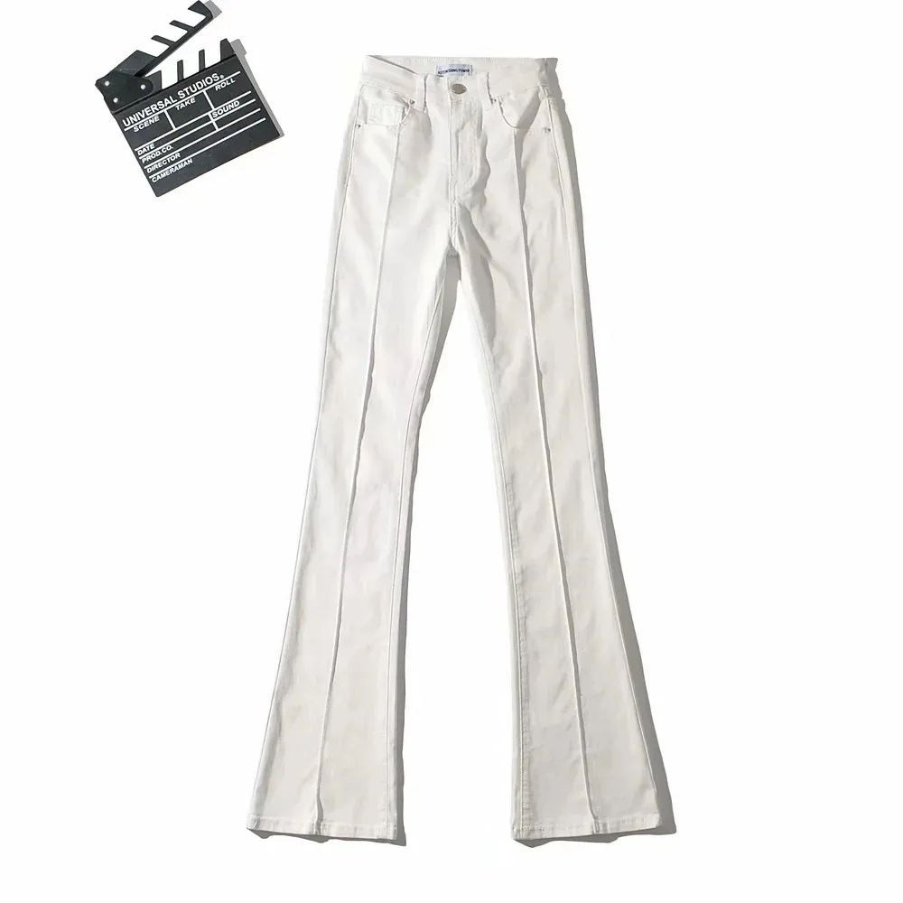 European And American Retro High Waist Bootcut Pants Back Waist Hollow-out Middle Seam Design - White