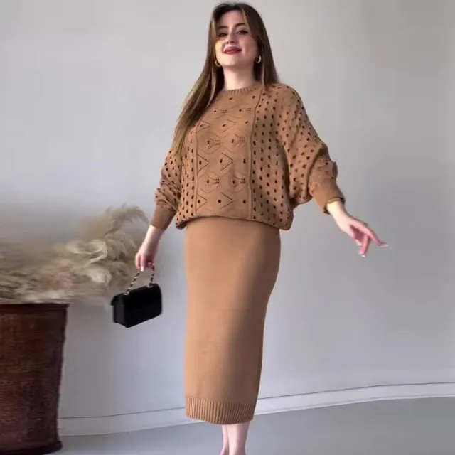 Autumn New Solid Color Hollow Round Neck Top Casual Knitted Skirt Suit Camel - Shop at LoveMi