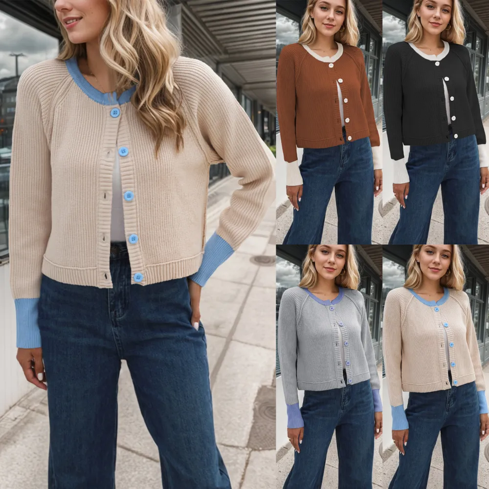 Fashion Round Neck Single Row Button Contrast Color Coat For Women