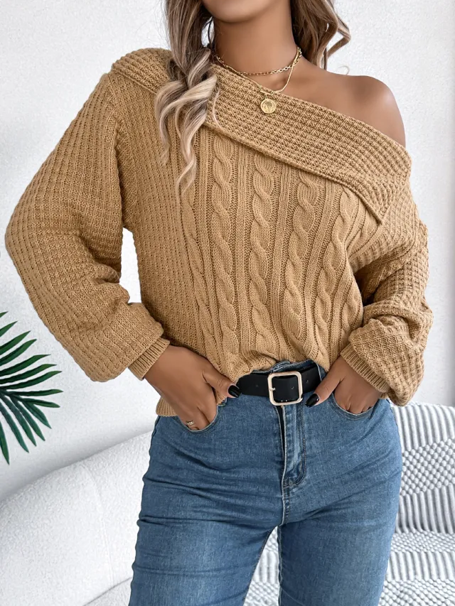 Lapel Off the shoulder Twist Long Sleeve Pullover Khaki - Shop at LoveMi