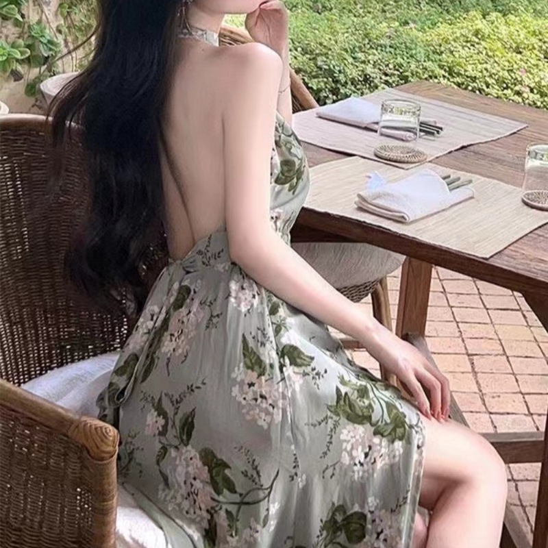 Summer Sleeveless Elegant Waist Trimming Printing Skirt