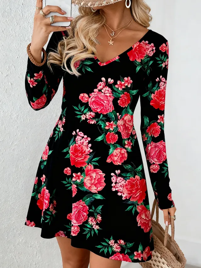 Personality Deep V Neck Casual Fashion Dress Black Safflower - Shop at LoveMi