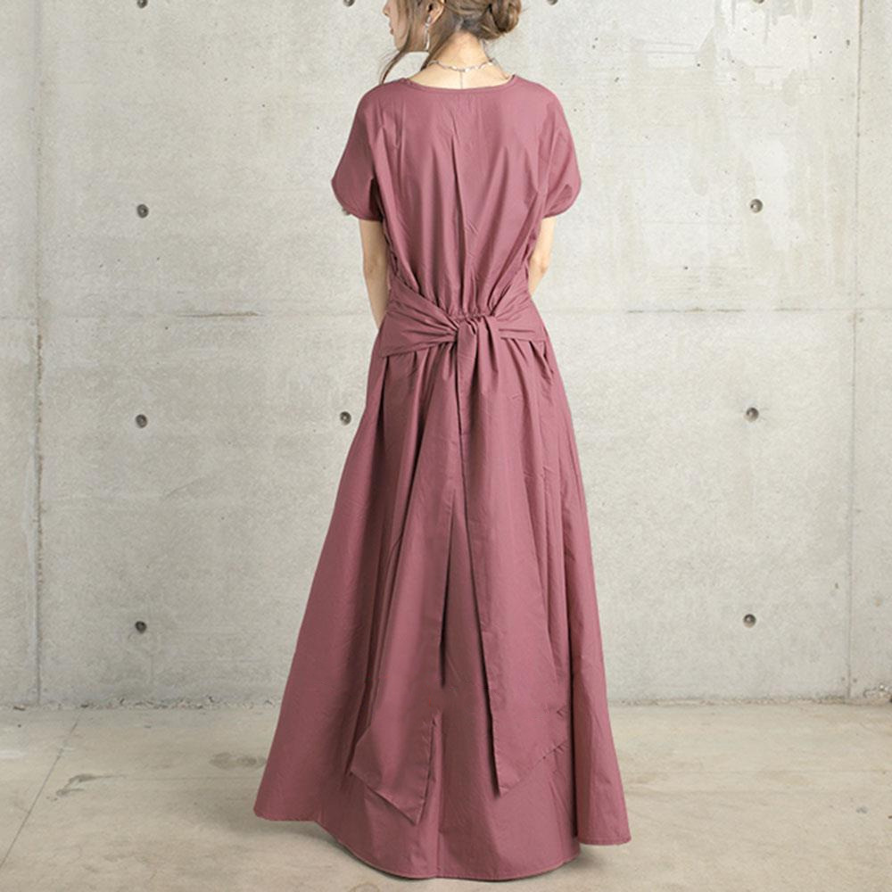 Japanese Style Back Tie Bow Short Sleeve Long Dress Artistic Style Solid Color Simple