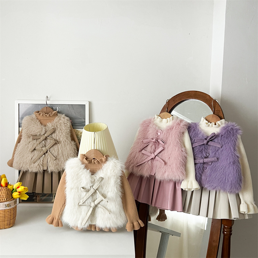 Girls' Autumn And Winter Warm Fur Waistcoat Leather Skirt Suit - Image 2