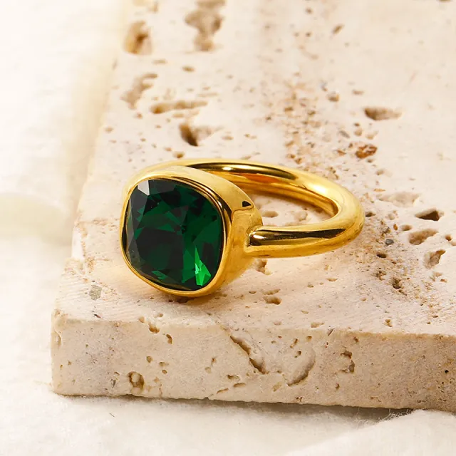 Women's High End Minimalist Multi Color Gemstone Titanium Steel Ring Golden Lvzuan - Shop at LoveMi