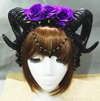Three Roses Headband Halloween Vampire Demonsheep Horn Veil Hair Accessories Purple - Shop at LoveMi