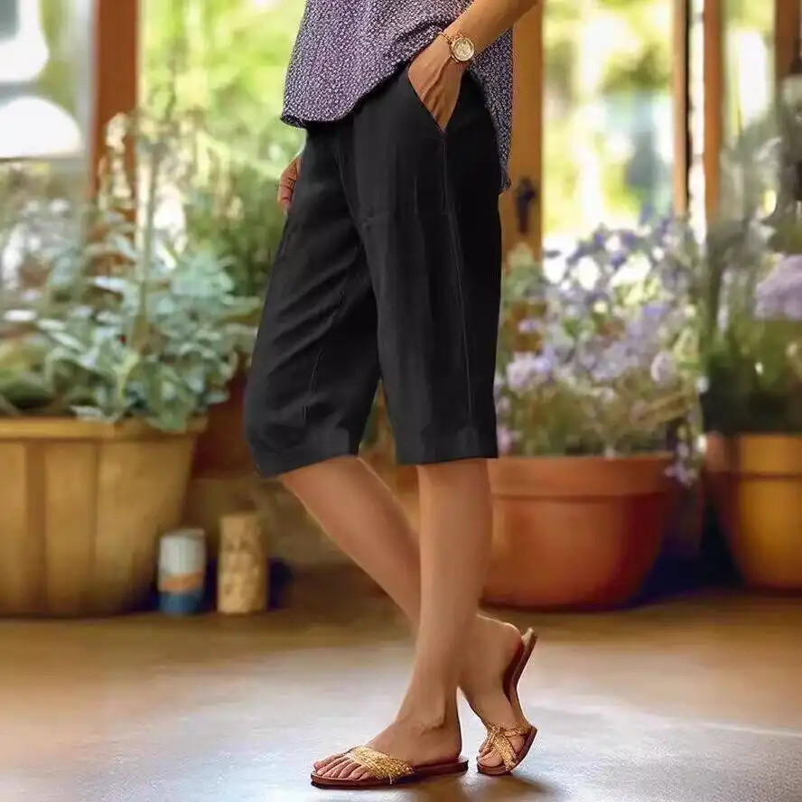Women's Cotton And Linen Loose Elastic Waist With Pocket Straight-leg Pants