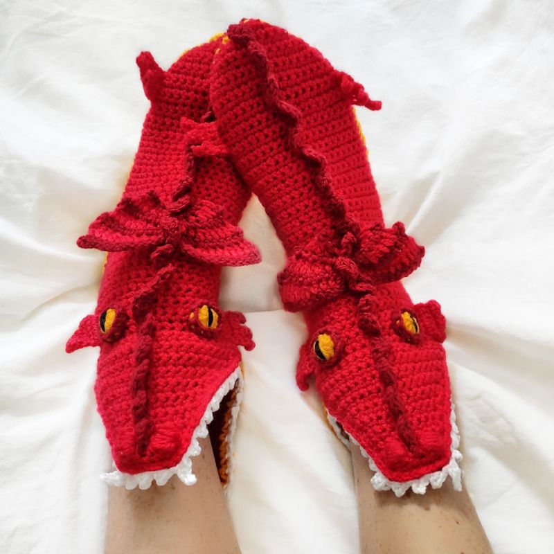 Funny Shark Chameleon Cartoon Socks – Knitted Red Dragon Socks