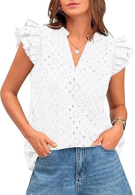 Women's Eyelet Top Fashion Casual V neck Pleated Cover Sleeve Lace Embroidered Shirt White - Shop at LoveMi