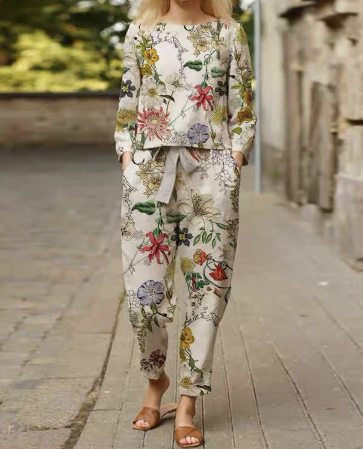Casual Women's Floral Round Neck Long-sleeve Suit