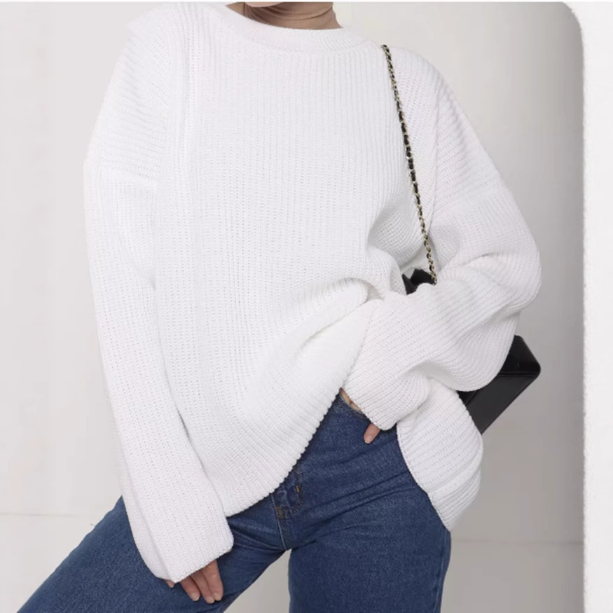 Spring And Autumn Loose Solid Color Knitted Pullover Sweater White - Shop at LoveMi